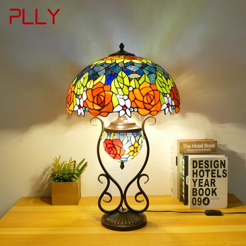 

PLLY Tiffany Table Lamp American Retro Living Room Bedroom Lamp Luxurious Villa Hotel Stained Glass Desk Lamp