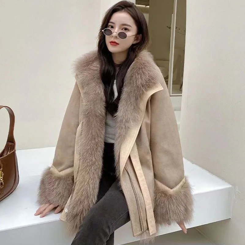 

New Winter Suede Coat Women Imitation Fox Fur Inner Pie To Overcome Fur Coat Female Korean Long Fur as a Whole Outerwear Camel