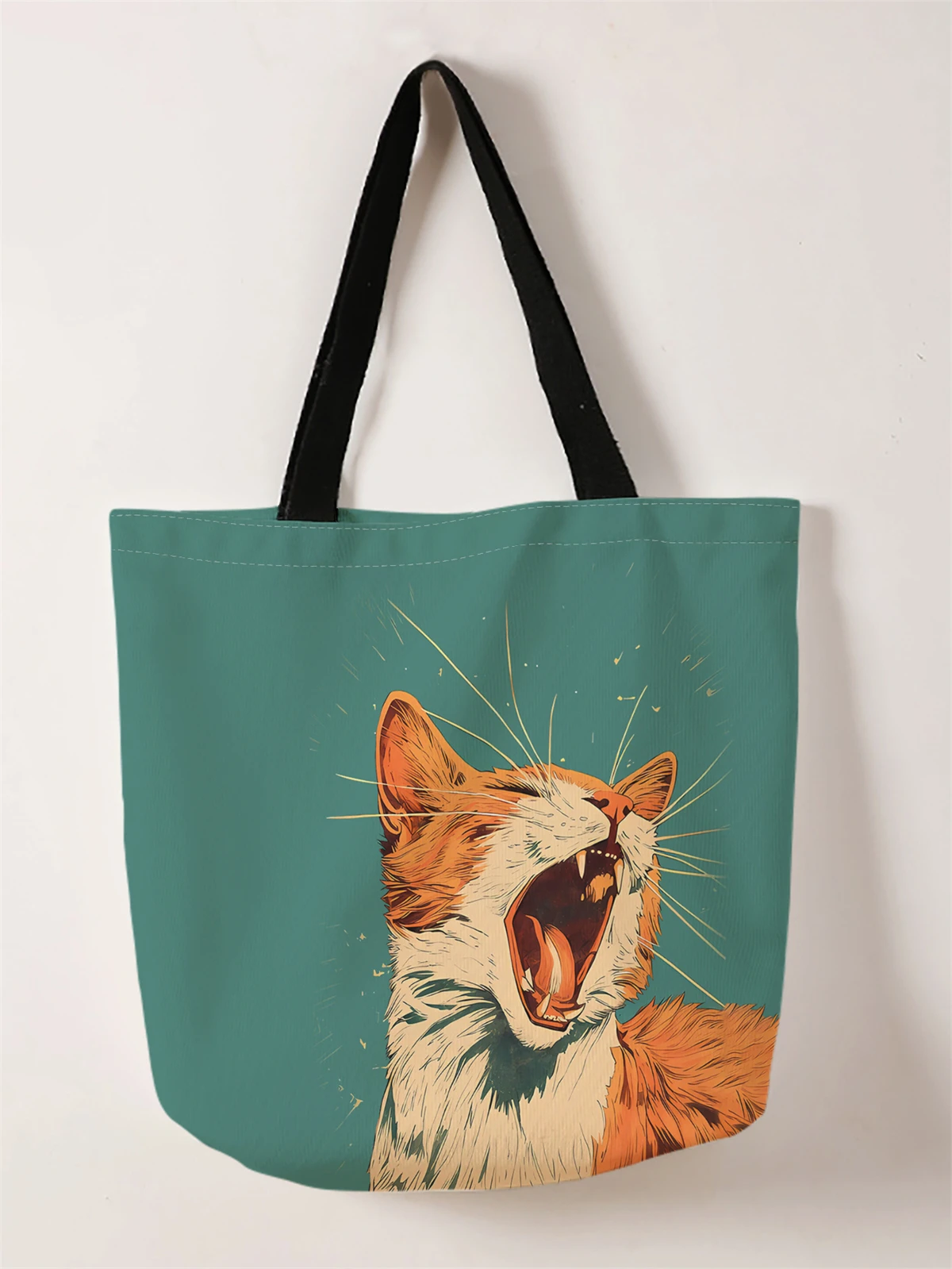 1 piece, cat pattern handbag, reusable fashionable handbag, multifunctional handbag, printed canvas shopping bag