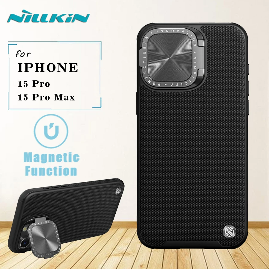 

for Iphone 15 Pro / 15 Pro Max Magnetic Case Nillkin Textured Prop Case Lens Camera Protector with Stand Shockproof Back Cover