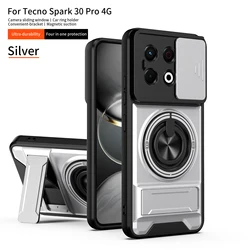 Armor Shockproof Phone Case with Sliding Camera Cap and Built - in Magnet Ring Kickstand, Protective for Tecno Spark 30 Pro (SJZJ silver)