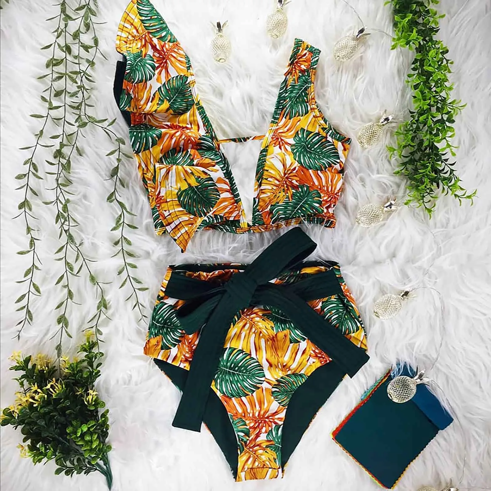 

Women Swimsuit Sexy Straps High Waist Printed Strap Bikini Floral Leaf Swimwears Beach Swimwear Summer Bathing Suit Tankini