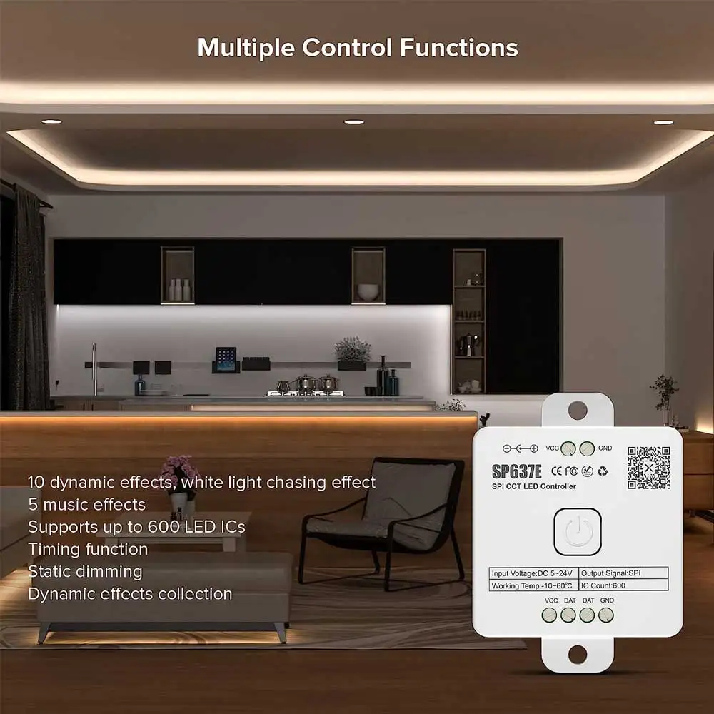 SP637E SPI CCT Led Controller APP Controls Adjustable Color Temperature And Brightness DC5-24V