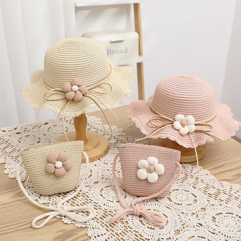 Kids Girls Flower Summer Caps Fashion Children Sunscreen Sun Hat Straw Hat Bag for Beach Baby Accessories for 2-8 Years Kids