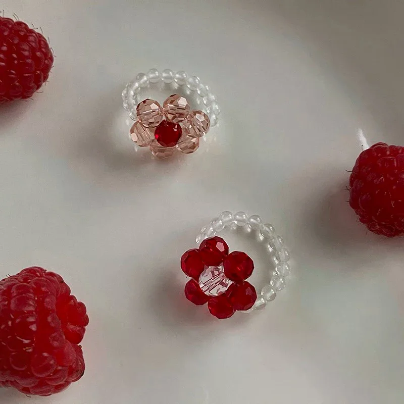 빈티지 크리스탈 비즈 꽃 탄성 반지 쌀알 비즈 수제 꽃 반지 여성용 보헤미안 쥬얼리 소녀 파티 선물