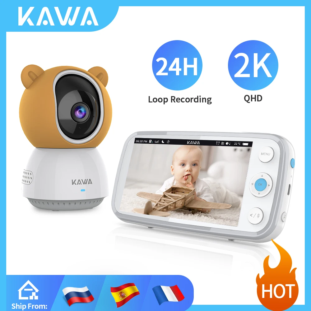 KAWA 2K Baby Monitor with Cameras Audio Video Nanny Wireless Camera with  4000mAh Battery 5 Inch Screen TF Card Night Vision 360°