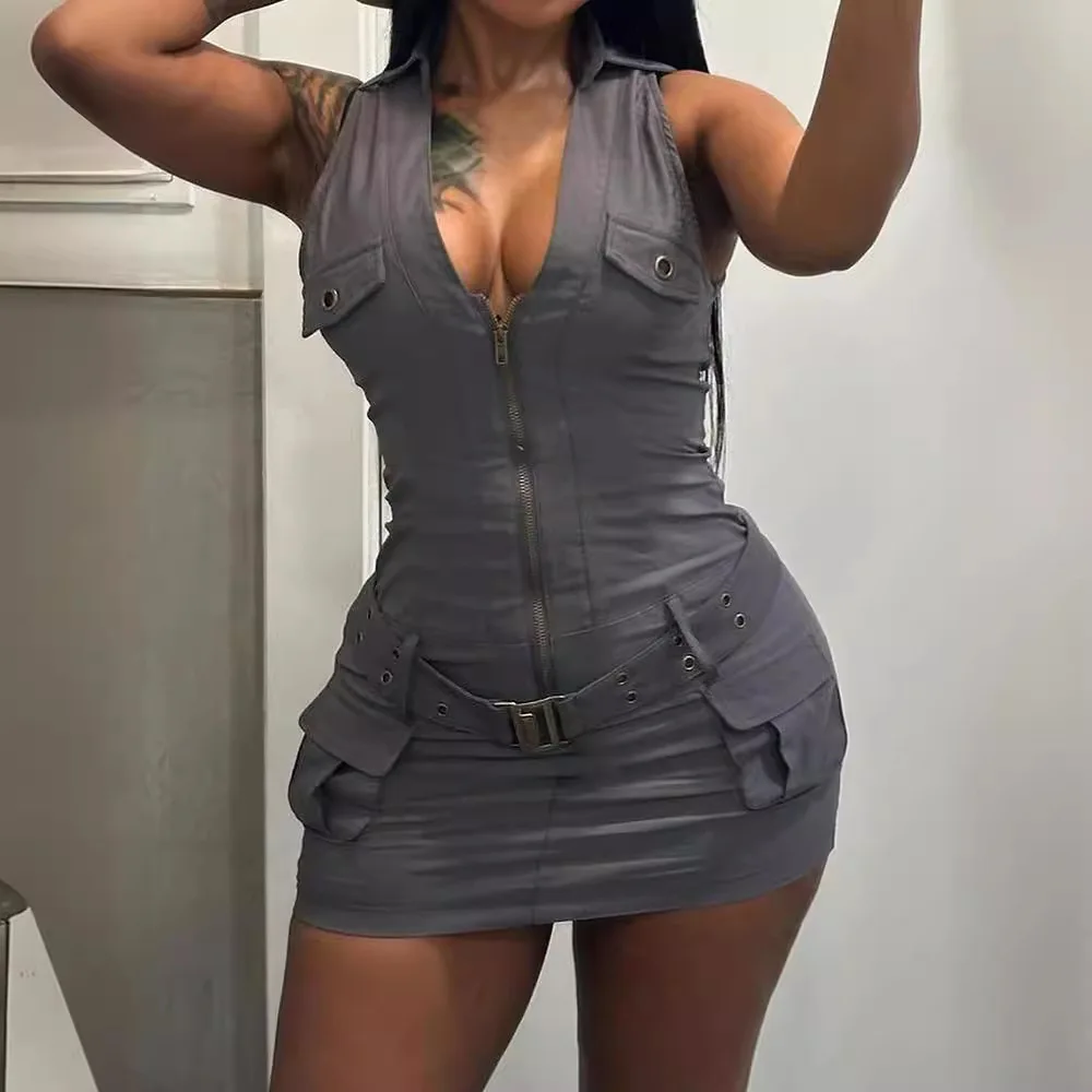 

Retro Dress Women Work Style Tight Fitting Dresses Zipper Cardigan V-Neck Sleeveless Hip Wrap Skirt for Female Summer 2024 New