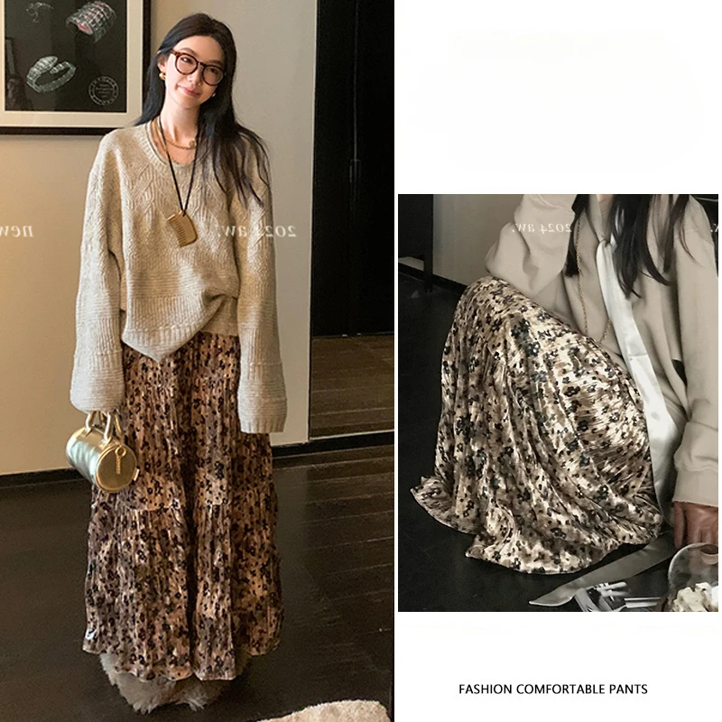 Autumn Winter Pregnant Woman Luxury Skirts Vintage Leopard Printing Long Loose Maternity Pleated Skirt Velour Fishtail Skirts