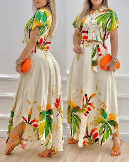 Elegant women's sets 2024 Summer Latest Turn down Collar Tropical Print Button Short Sleeves Top and Beach Vacation Skirt Set