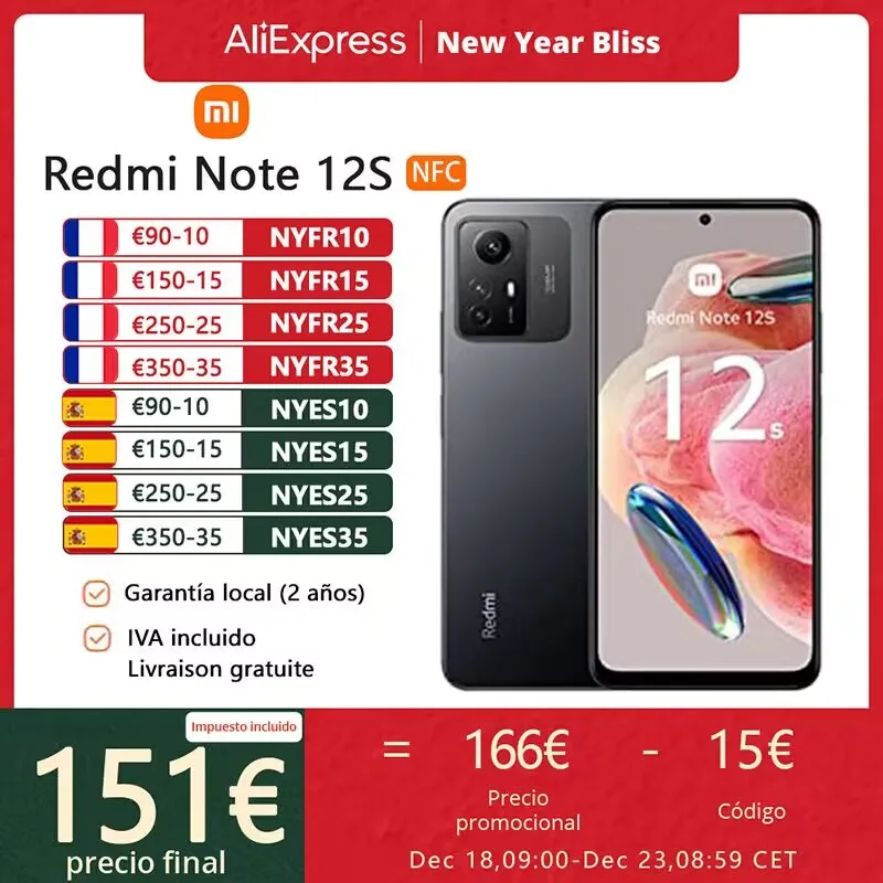 Xiaomi Redmi Note 12S Teléfonos inteligentes，NFC,6,43″ pulgadas，90Hz，108MP Cámara，MediaTek Helio G96，Carga rápida de 33W，Edición Global