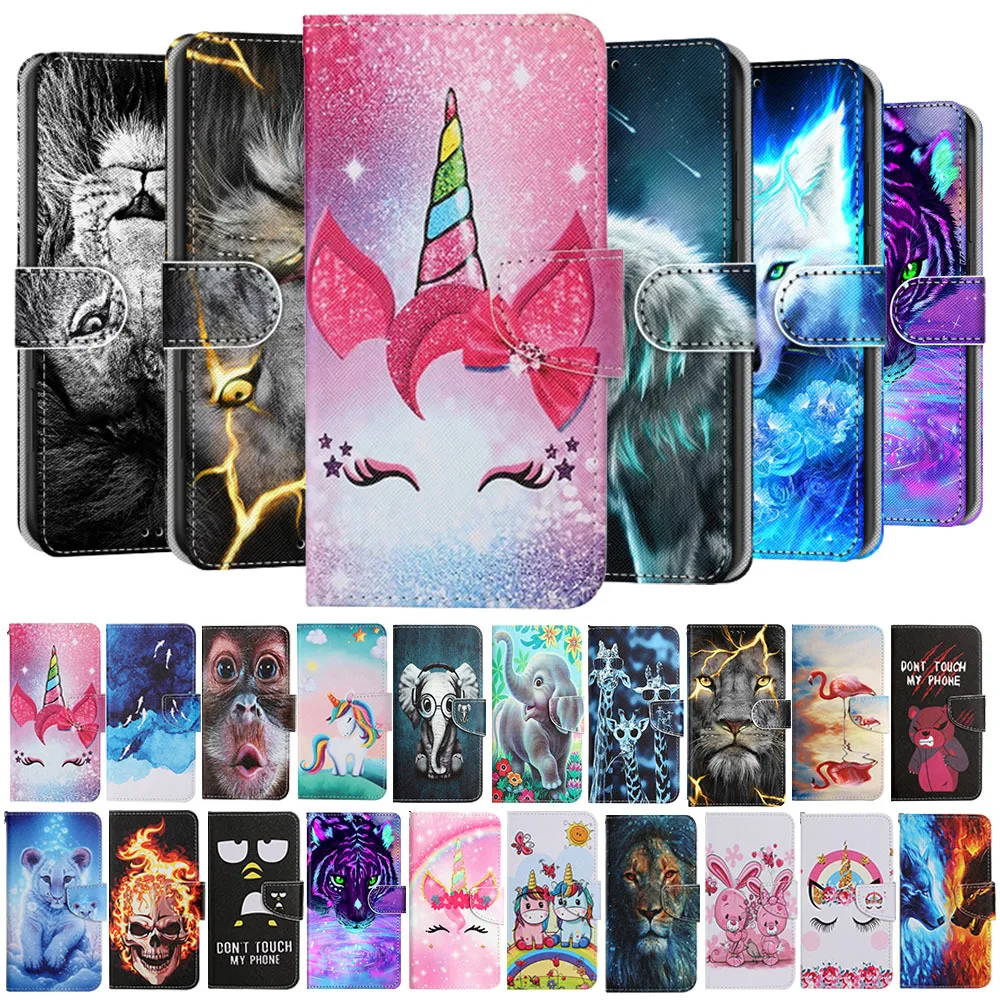 Animal Unicorn Bear Tiger Wolf Case Per Redmi Note 10 10S 10T 11 11S 12 Pro Cartoon Wallet Stand Leather Flip Book Cover Posteriore