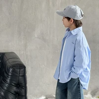 الكورية الاطفال الأزرق العمودي مخطط الخريف قميص لصبي التصميم الكلاسيكي طويلة الأكمام قميص بلوزة الأطفال ملابس كاجوال سن 3-14 4