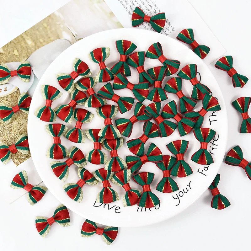 

30p Christmas Bow Crafts Red Green Gold Bow DIY Handmade Accessories New Year Party Gift Decor Supplies Christmas Tree Ornaments