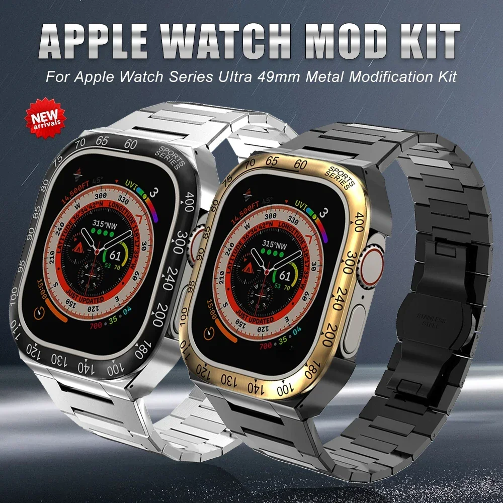 

Luxury Stainless Steel Case For Apple Watch Ultra 2 49MM Modification Kit For iWatch Series 49MM Metal Bezel Rubber Strap Band