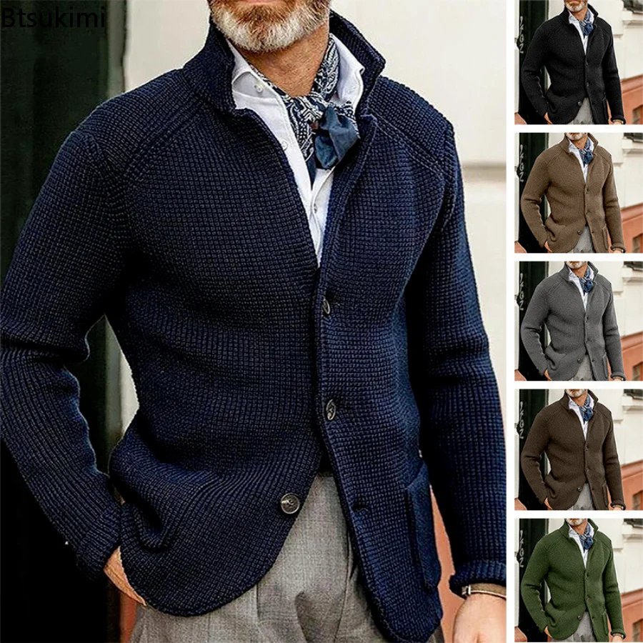 2023 Mens Stand Collar Knitted Coat Long Sleeve Sweater Cardigan Jacket Patchwork Warm Casual Cardigan Knitting Sweatercoat Male