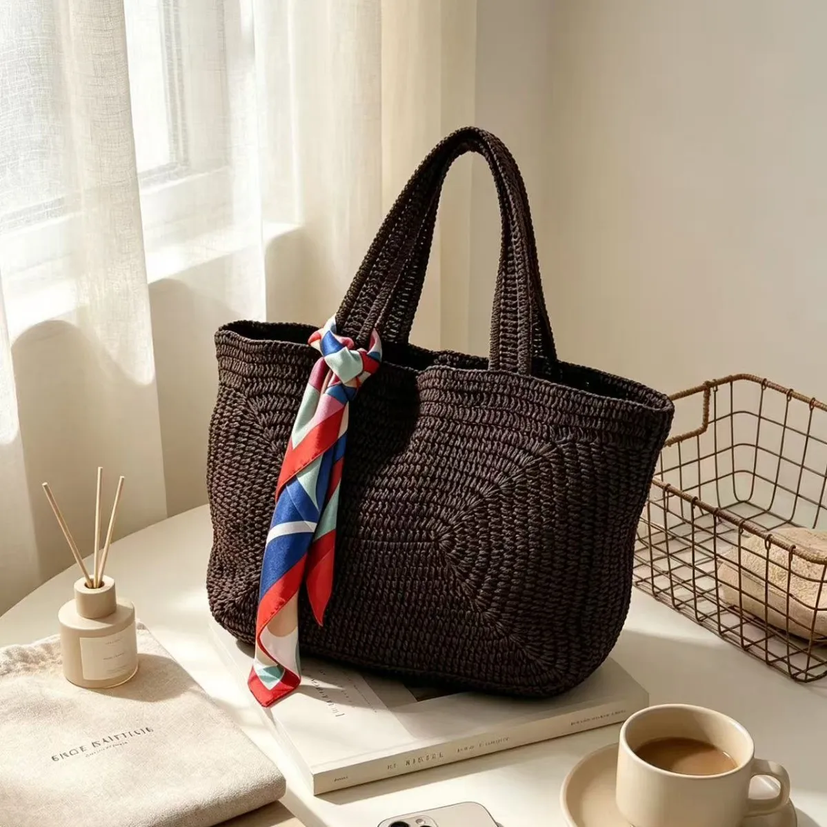 Borsa da Spiaggia Boho Intrecciata, Grande Capacità, Borsa a Tracolla in Corda di Carta, Borse Estive in Paglia per Donne, Shopper e Borsette - immagine 4