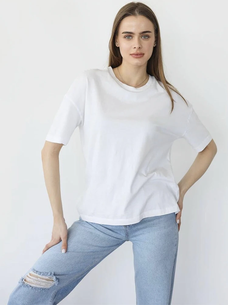 Hirsionsan 100% Cotton T Shirt Women 2023 Summer New Oversized Solid Tees Casual Basic Loose Tshirt Chic O Neck Female689_voghion.com