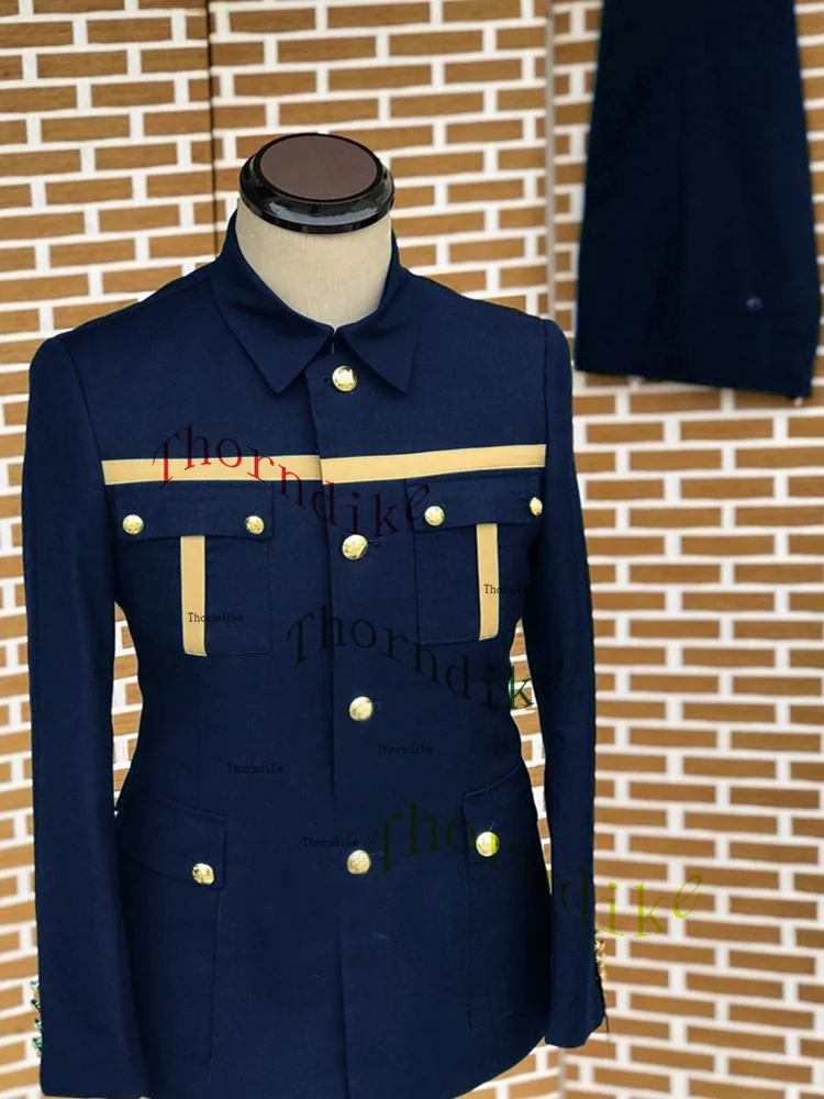 Thorndike Navy Blue Men Suits Casual Blazer Single Breasted African Stand Lapel Leisure Safari Style Outfits Jacket Pants