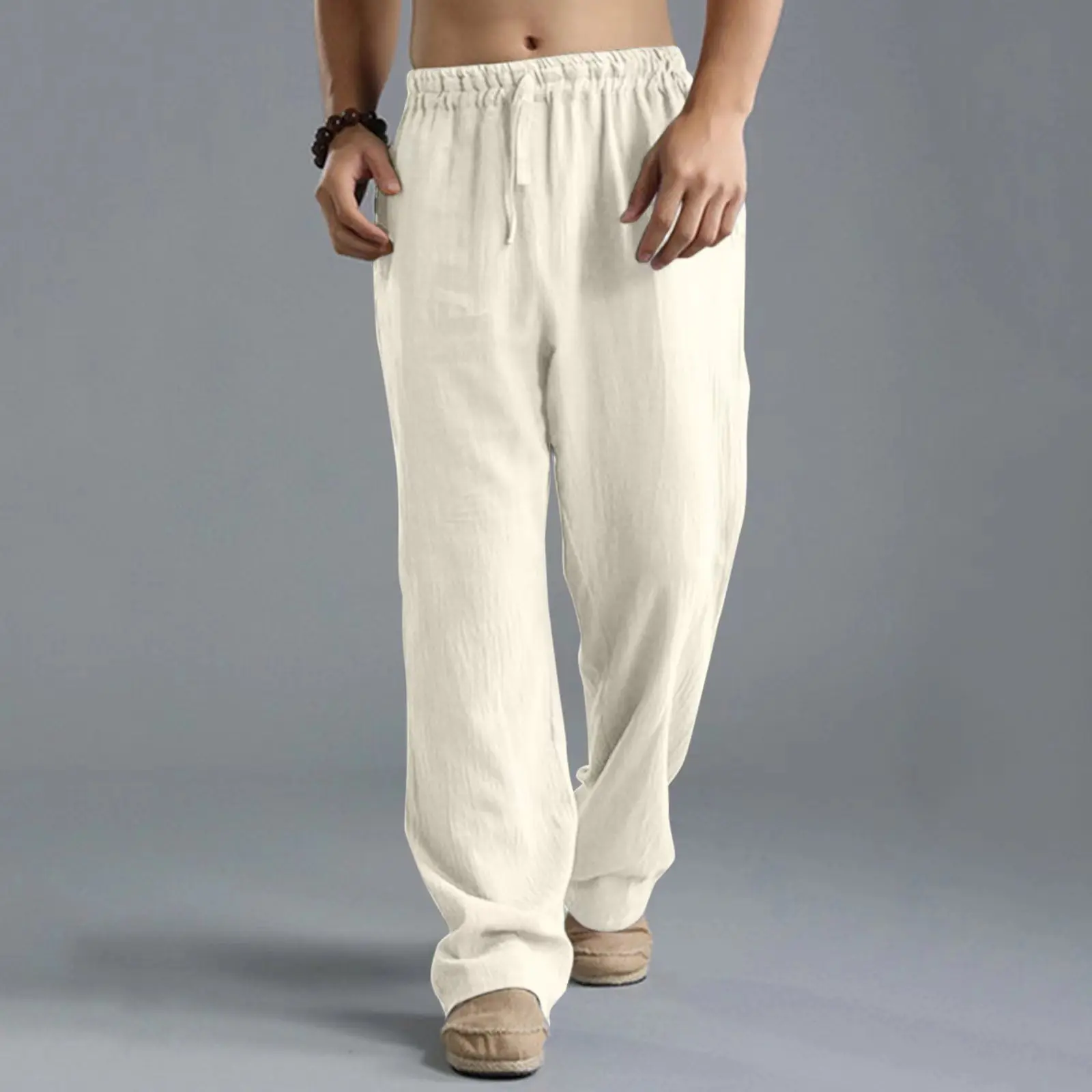 

2023 Fashion Men's Cotton Linen Pants Casual Drawstring Breathable Solid Colors Loose Pocket Trousers Male Streetwear Sweatpants