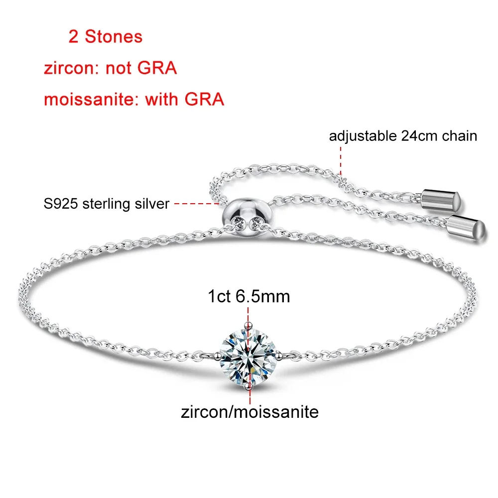 Certified 1CT Moissanite Solitaire Bracelets Women Real Silver S925 Classic Lab Diamond Adjustable Wrist Chain Jewelry Men