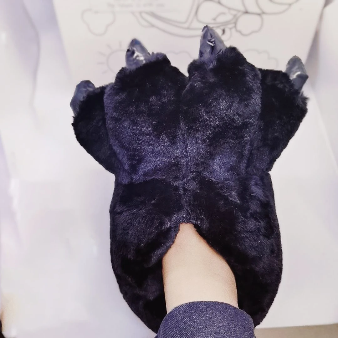 Kreative schwarze Bärentatze-Schuhe für Männer und Frauen, vier Krallen, Fellrutschen, flauschige Slip-on-Baumwollschuhe, männliche Tierfell-Hausschuhe – Detail 10