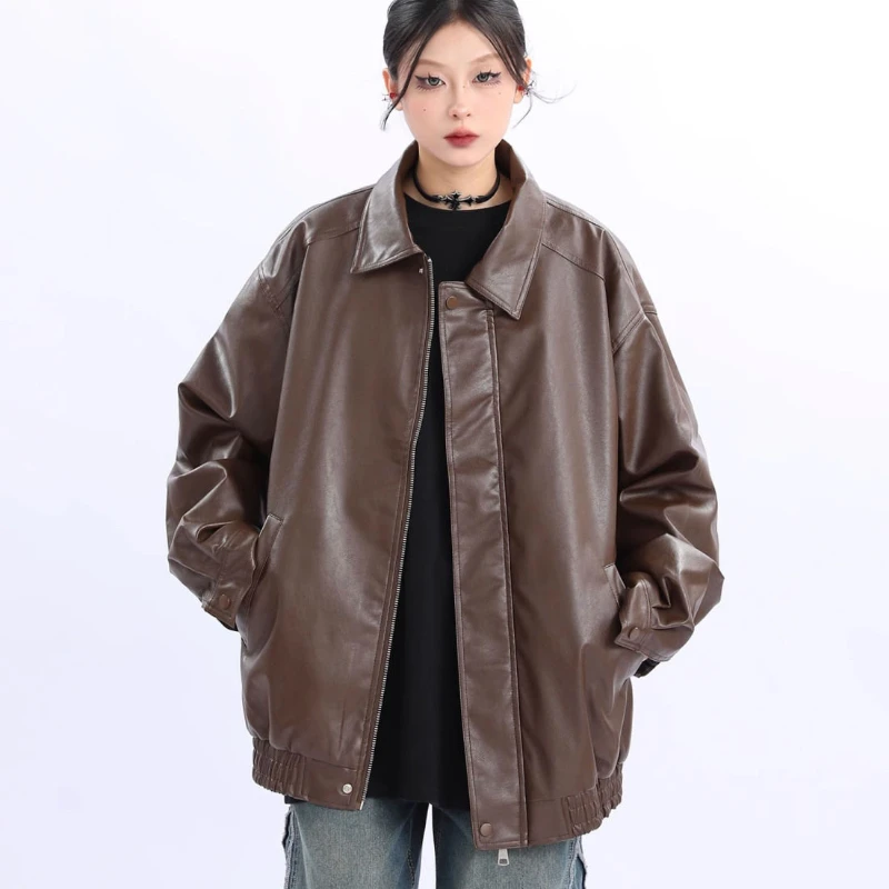 HOUZHOU Motorcycle Leather Jacket Women Y2k Fashion Zipper PU Polo-neck Tops Sweet Personal Streetwear Vintage Oversized Coats