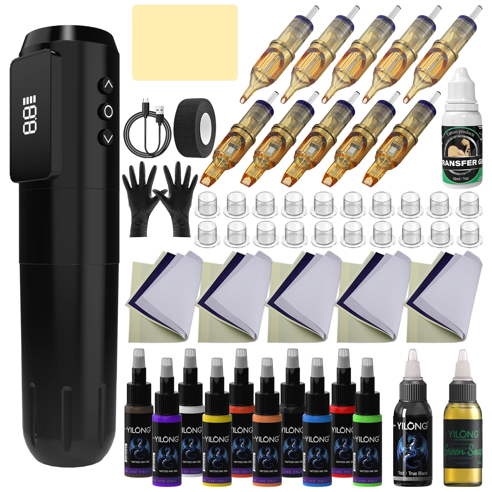 YILONG Wireless Tattoo Gun Kit 1600MAH Power LED Screen 3.5MM Stroke Rotary Tattoo Machine Pen Set for Beginners