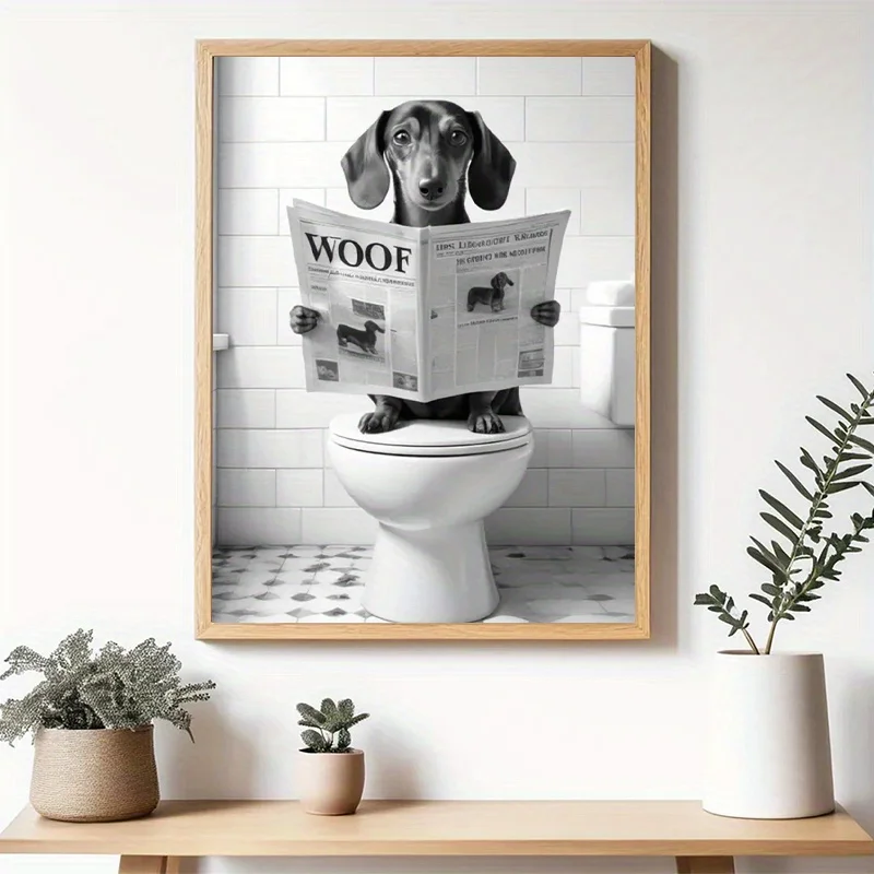 Cane da compagnia che legge il giornale 'WOOF' sul WC, regalo divertente per gli amanti dei cani, scelta perfetta per la decorazione del bagno, regalo creativo - immagine 3