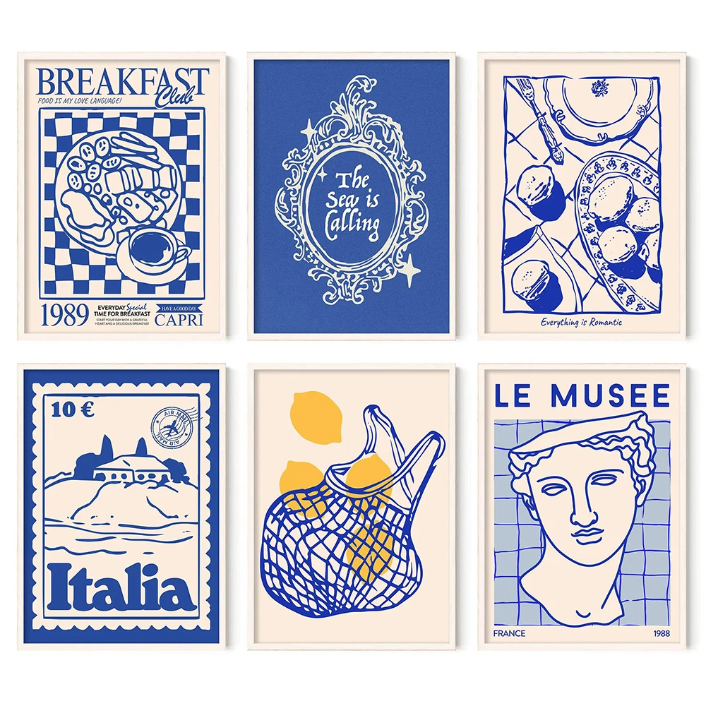 Quadro su tela senza cornice, 1 pezzo, blu, arte murale maximalista, decorazione costiera, stampe Le Musee, estate italiana, retrò, colazione, cibo, bevande C - immagine 4