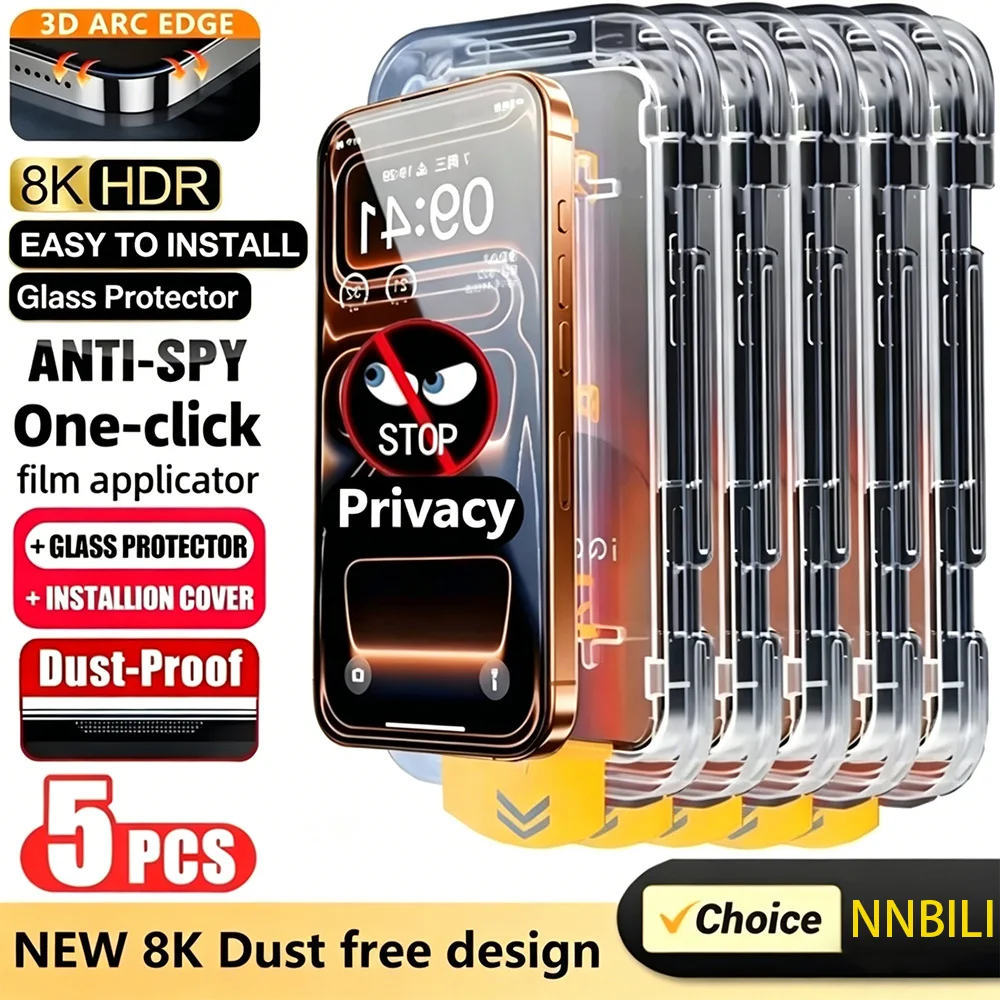 NNBILI 5 Unidades Protector de Pantalla de Privacidad Antipolvo para iPhone 17 Pro Max 16 15 14 13 12 11 Pro 17e 16e Cristal Antiespía