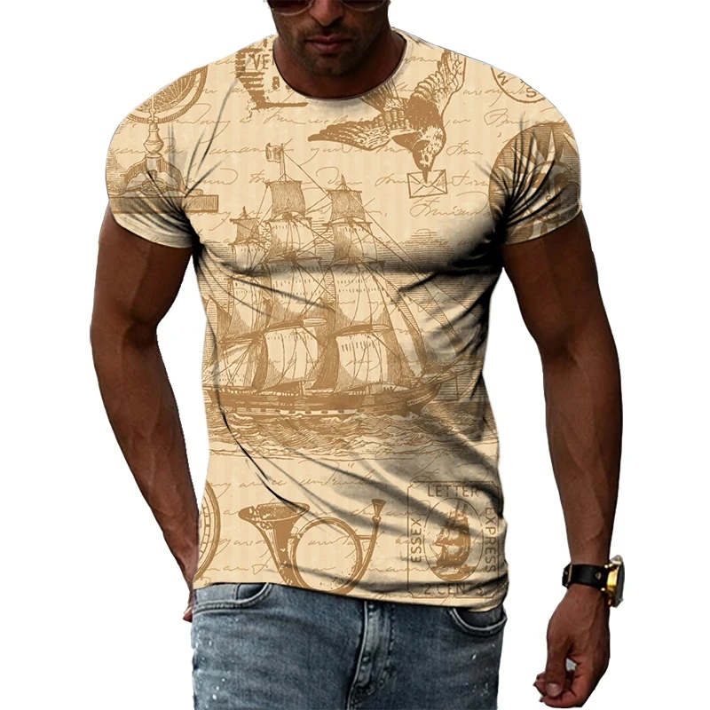 

Compass and Anchor Printing T Shirt Man Summer O-Neck Short Sleeve Oversized Top Casual Tee Loose Streetwear Harajaku