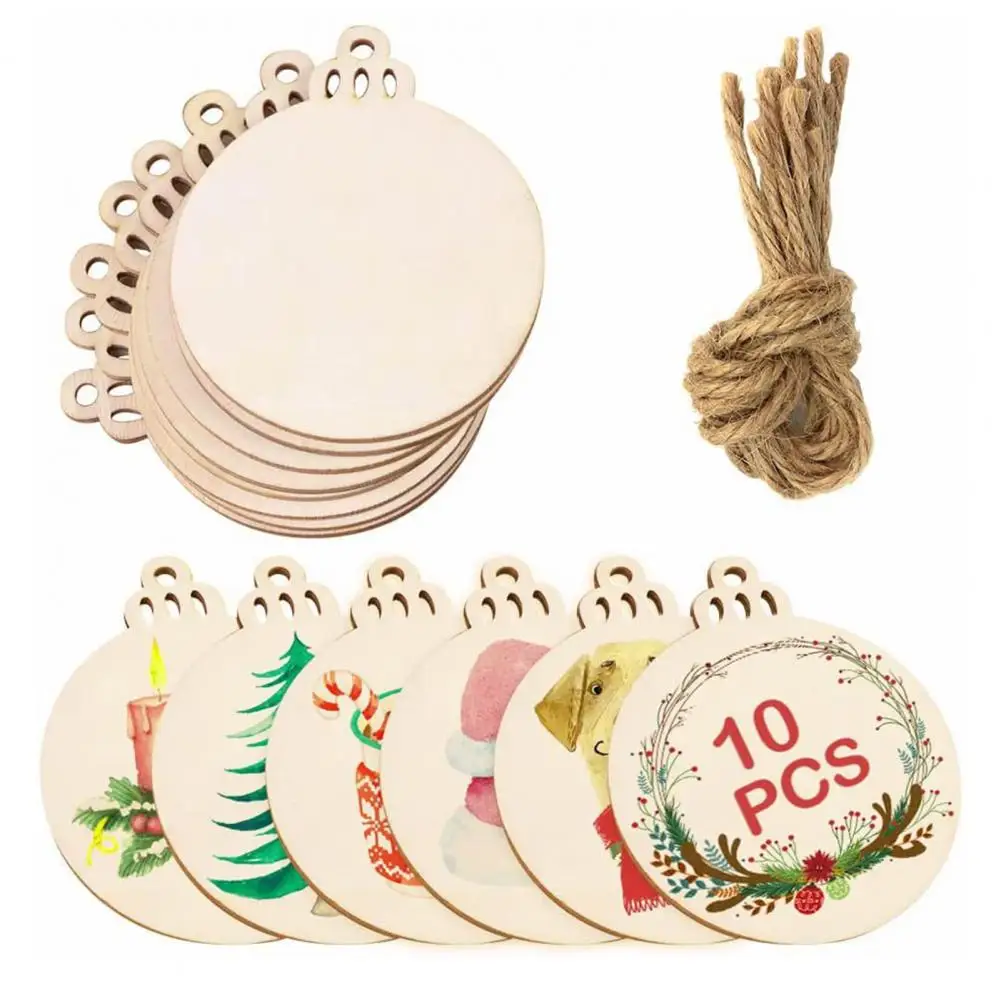 

Деревянные Подвески «сделай сам», Деревянные Подвески с ручной росписью, 10 деревянных подвесок для рождественской елки со шнурками, поделки «сделай сам», новогодние украшения