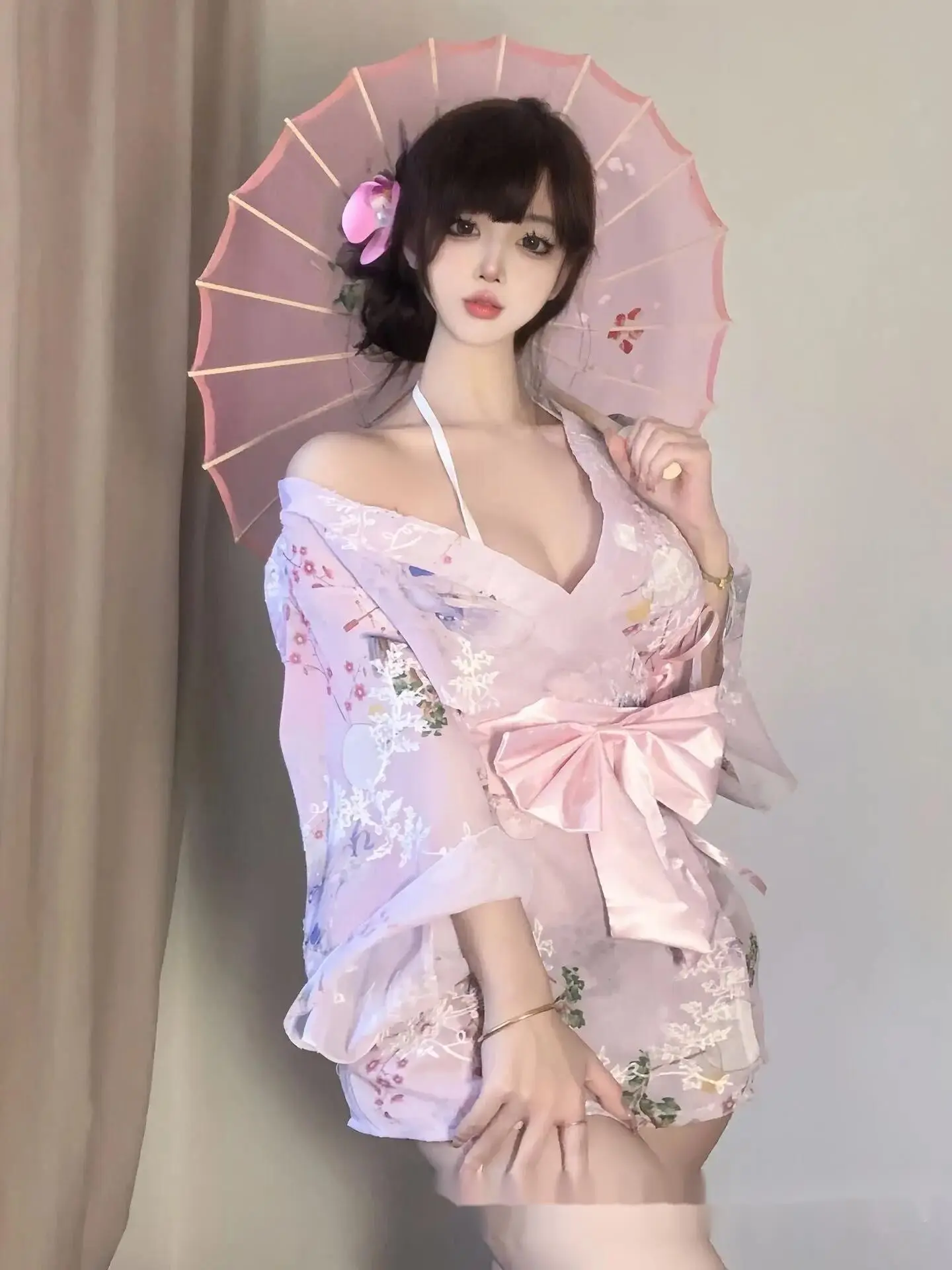 

Женское пикантное кимоно AD7E, мягкая милая форма с принтом и бантом для девушек, чистый шифоновый халат, банный халат в японском стиле, модная летняя одежда