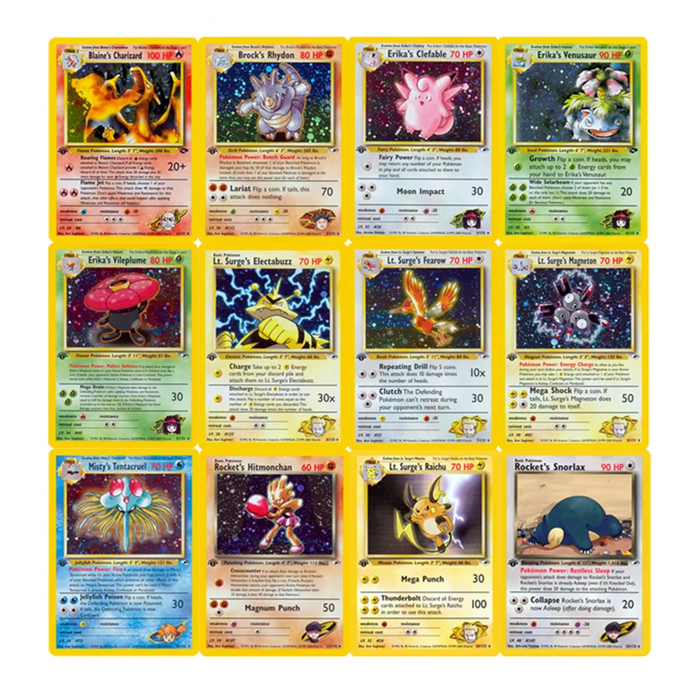 PKMN 체육관 싱글 플래시 카드 블레인의 리자몽 에리카의 클레파블 트레이너 에너지 게임 컬렉션 카드 어린이 장난감