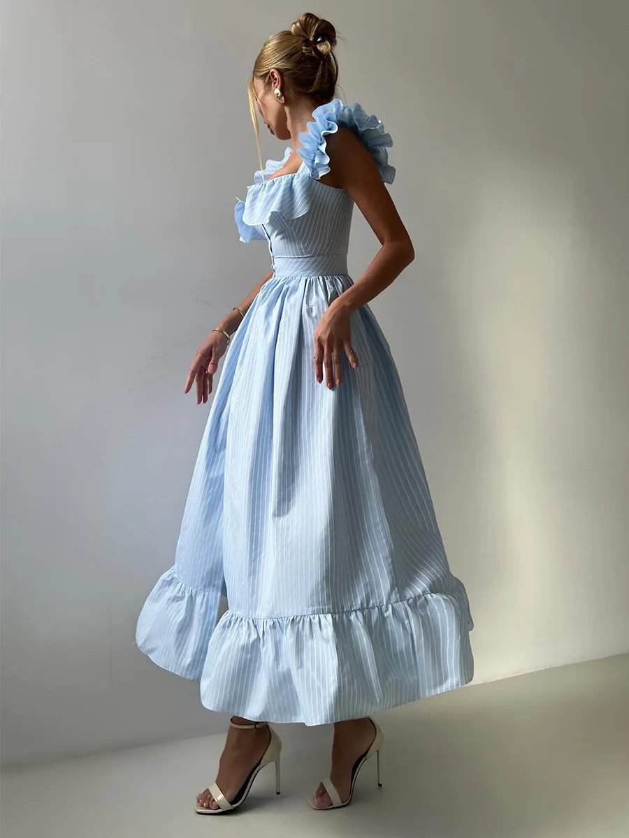 Bornladies Women's 2025 Summer New Striped Dress Button Front Slim Fitted Waist Midi Dress Flutter Sleeves Side Slit