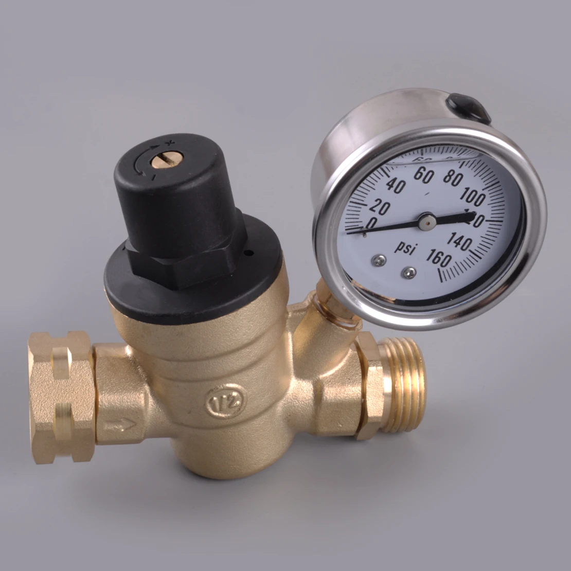 

RV Adjustable Reducer Water Pressure Regulator with Valve Gauge for Camper Travel Trailer Brass Lead 3/4" 14F-200F