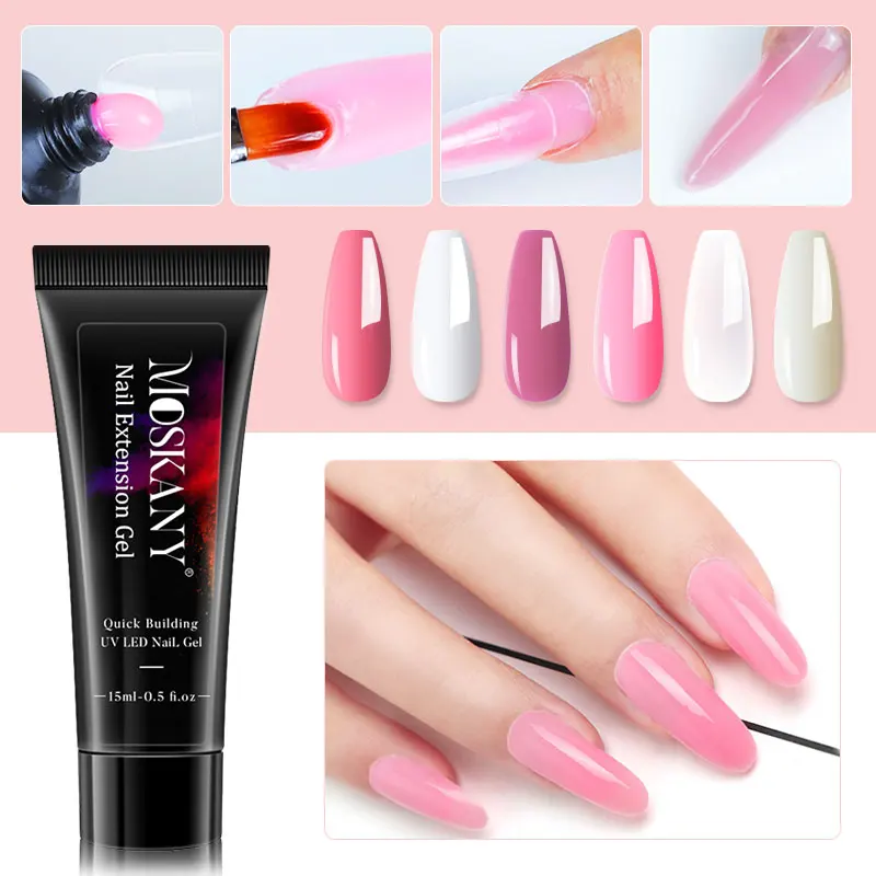 Poly Extention Gel Set Nail Art French Nail Art Clear Color with Top/Best Coat and LED Lamp Nude Color Fast Polish Kit 4