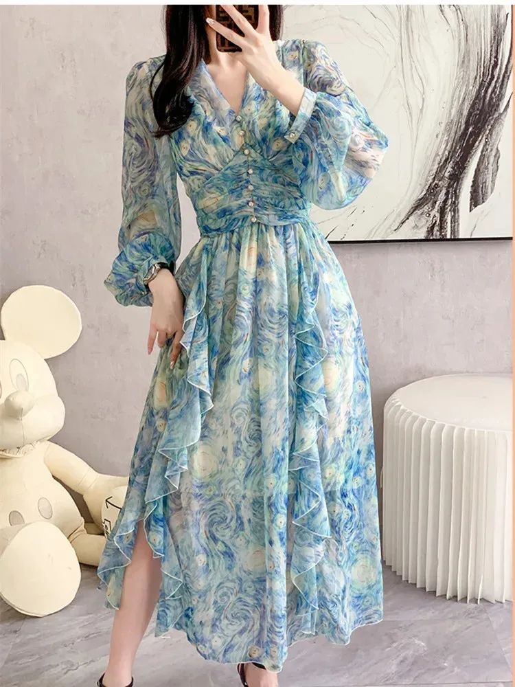 Flower-Pattern Chiffon Long Mermaid Dress ワンピース (2色) Chiffon Dress with Capelet Long Gown Mother of the Bride