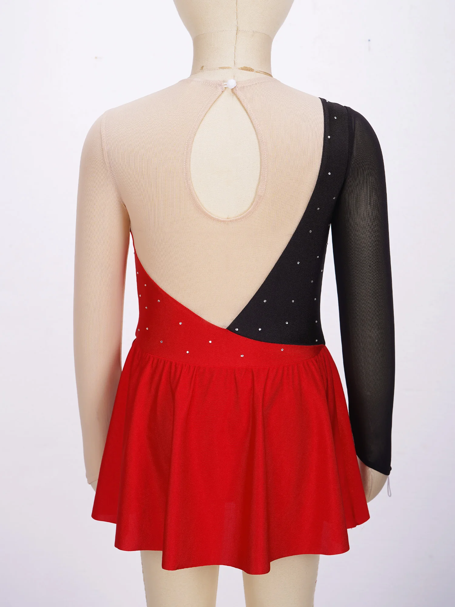 Kids Girls Dance Dress Dancewear Stylish Clothing Round Neckline Contrast Color Rhinestone Decorated Hollow Back Skating Dress