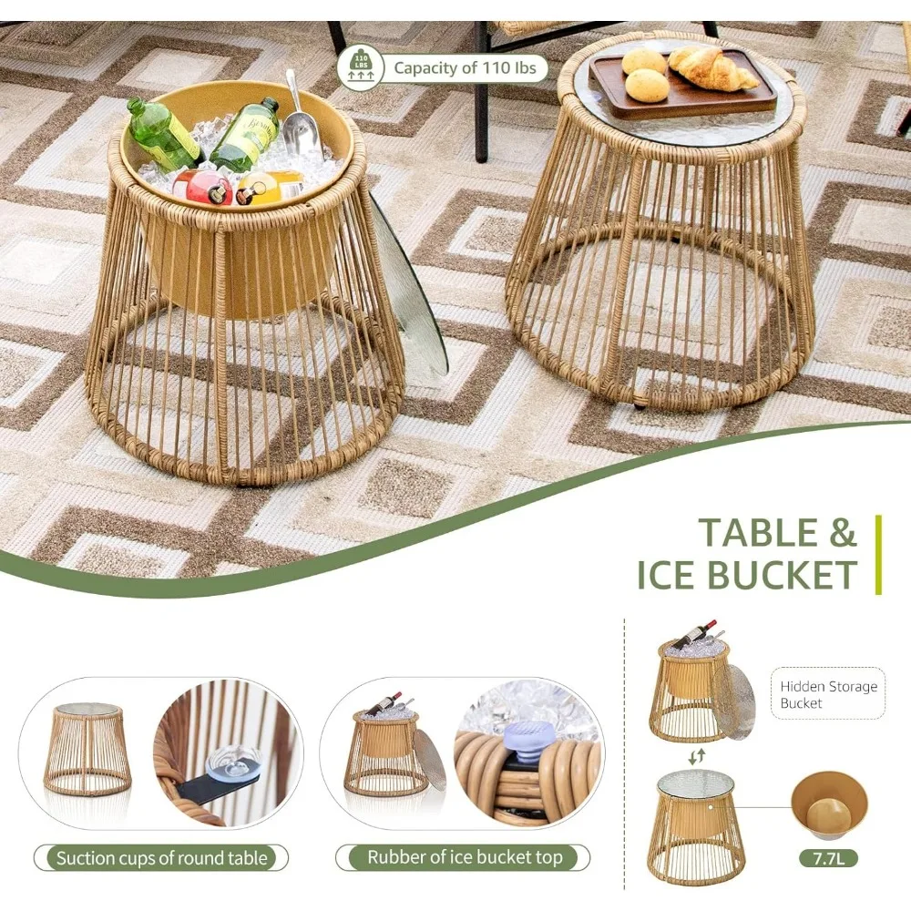 7 Piece Boho Patio Furniture Sets with Egg Chair, Small Outdoor Bistro Chair Conversation Sofa Set w/Coffee Table & Ice Bucket 6