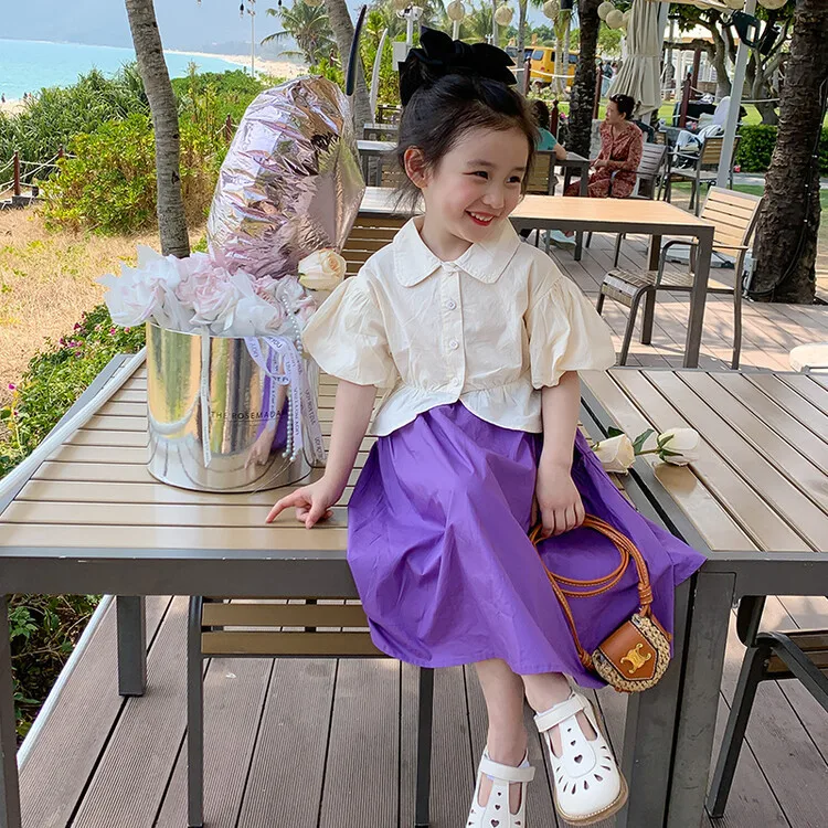 

Kids Clothes Girls 2023 Summer New Fashion Korean Version Puff Sleeve Doll Collar Tops and Skirt Elegant Sweet Two Piece Set