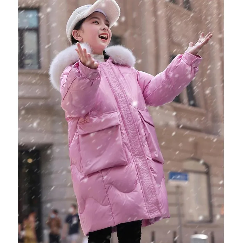 

High-End White Duck Down Jacket Kids Fashion Winter Warm Waterproof Puffer Coat Real Fur Collar Hooded Long Snow Outwear A1935