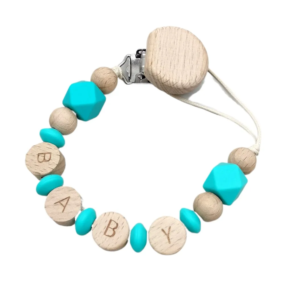 Baby Personalized Name Wooden & Silicone Beads Pacifier Clip, BPA-Free Dummy Holder Leash, Teething Pacifier Chain