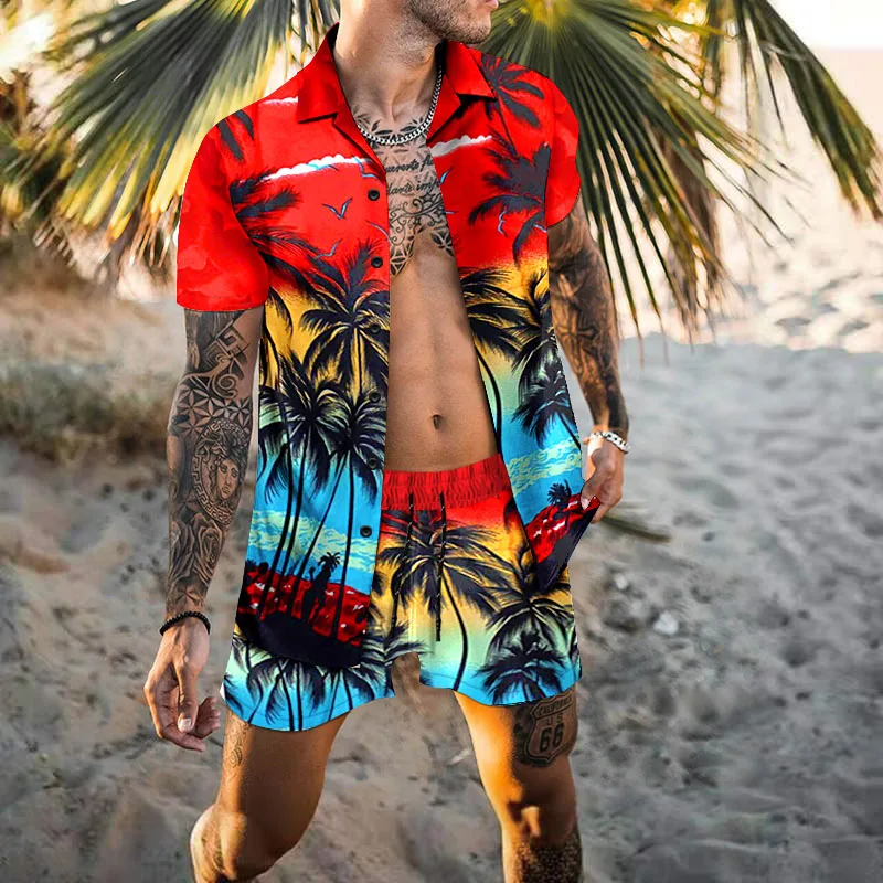 2023 Men's Set Printed Polo Collar Short Sleeve Casual Shirt Beach Shorts Summer Street Clothing Holiday Hawaii Set Men's S-3XL