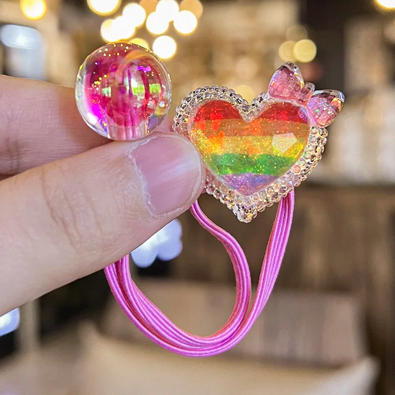 2 Teile/satz Regenbogen Krone Herz Elastische Haarbänder Für Mädchen Nette Bär Haar Gummibänder Kinder Floral haargummi mädchen Haar Zubehör – Detail 4