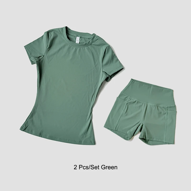Sports Sets Fitness Hip-lifting Tight Top Short Sleeve Running Workout Gym Shorts Tracksuits For Women Breathable Sports Suits 2