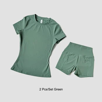 Sports Sets Fitness Hip-lifting Tight Top Short Sleeve Running Workout Gym Shorts Tracksuits For Women Breathable Sports Suits 2