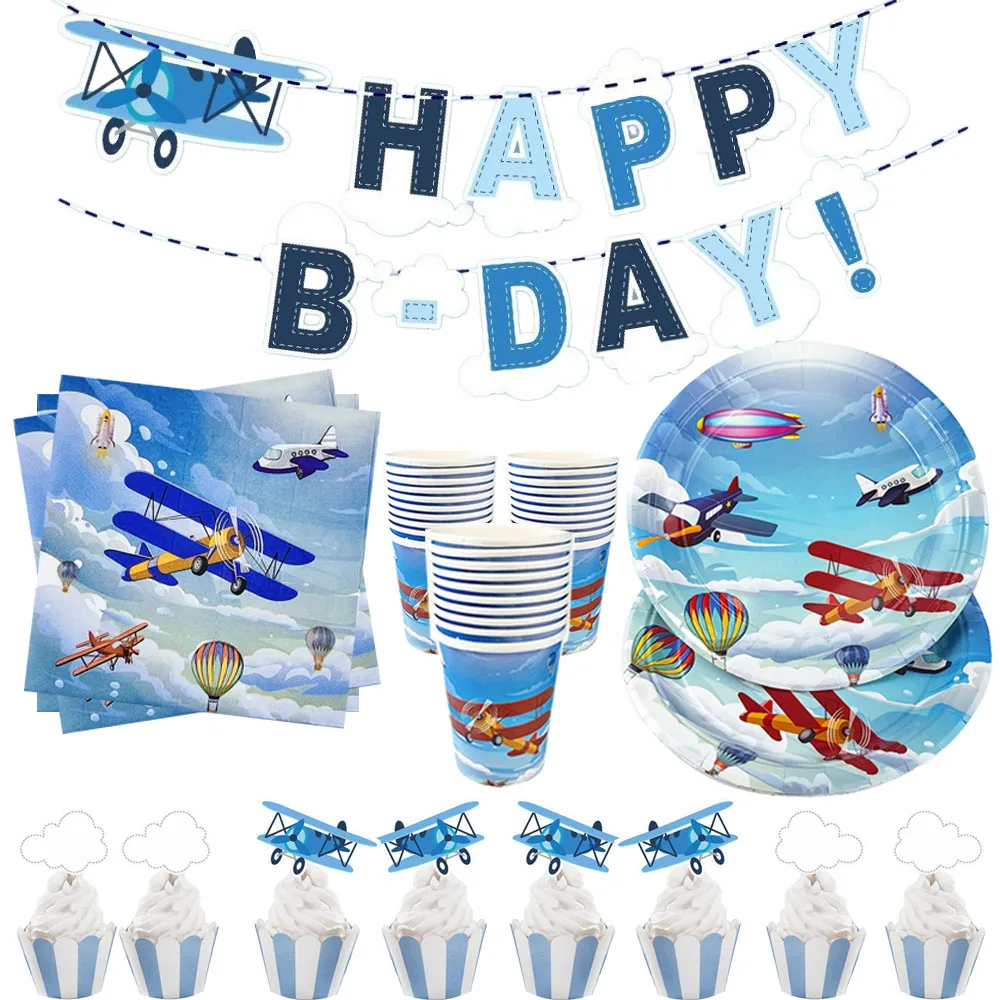 Flugzeug Geburtstag Party Dekorationen Geschirr Teller Tasse Serviette Banner Cupcake Topper für Kinder Flugzeit Baby Dusche Liefert