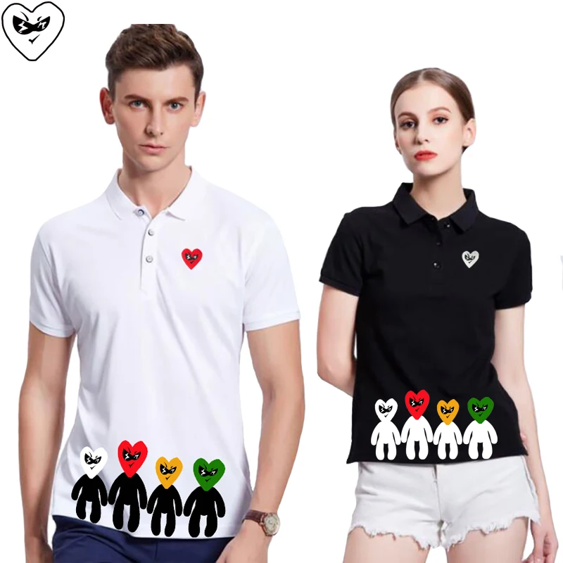 

Men Women Summer Short Sleeve POLO Shirt Heart Embroidered Multiple Cartoon Print Cotton Triple Breasted Lapel POLO Shirt