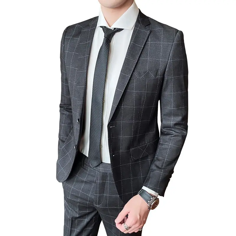 

Boutique S-4XL (suit + Trousers) Men's Fashion Business Casual Gentleman Comfortable British Style Formal Decoration Plaid